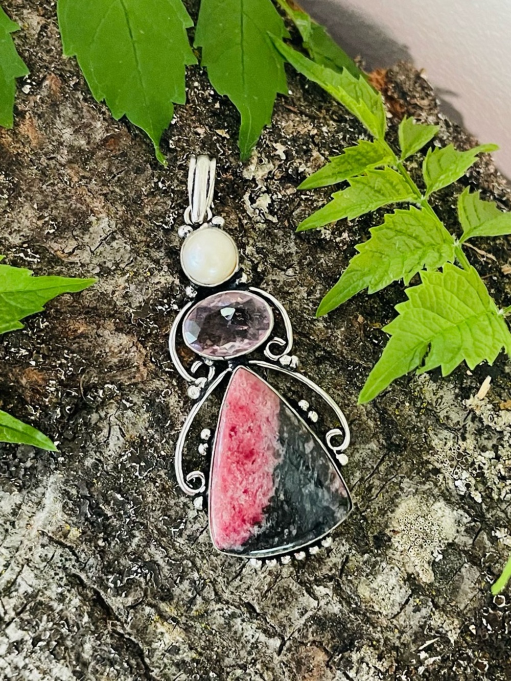 Rhodonite Pink Topaz 925 Sterling Silver Pendant